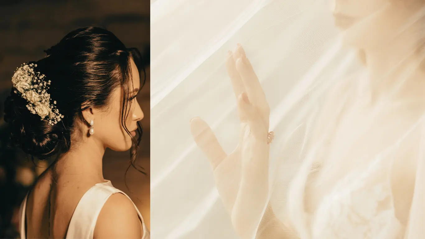 Collage eines Brautstylings: Links die Seitenansicht einer Braut mit Hochsteckfrisur und Blumenschmuck im Haar, rechts eine künstlerische Nahaufnahme hinter einem transparenten Schleier.
