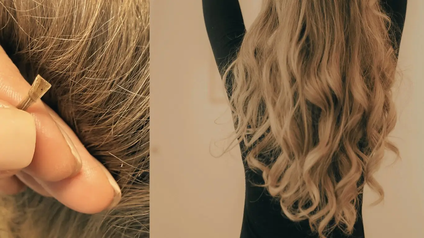 Nahaufnahme einer Microkapsel-Haarverlängerung und Ergebnis mit langen, blonden Wellen
